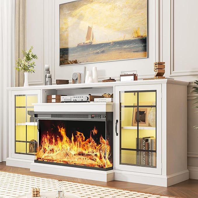 oneinmil 80'' Fireplace TV Stand with 3-Sided Glass, TV Cabinet for TVs up to 85", 80'' Modern Media Entertainment Center with Farmhouse Glass Door Storage Cabinets