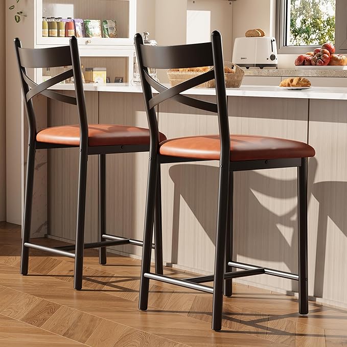 GarveeHome Bar Stools Set of 2, Counter Height Bar Chairs with Back and Thick Cushion, Upholstered Dining Chairs with Padded Seat, Barstools for Kitchen Island, Bar, Dining Room, Modern Brown