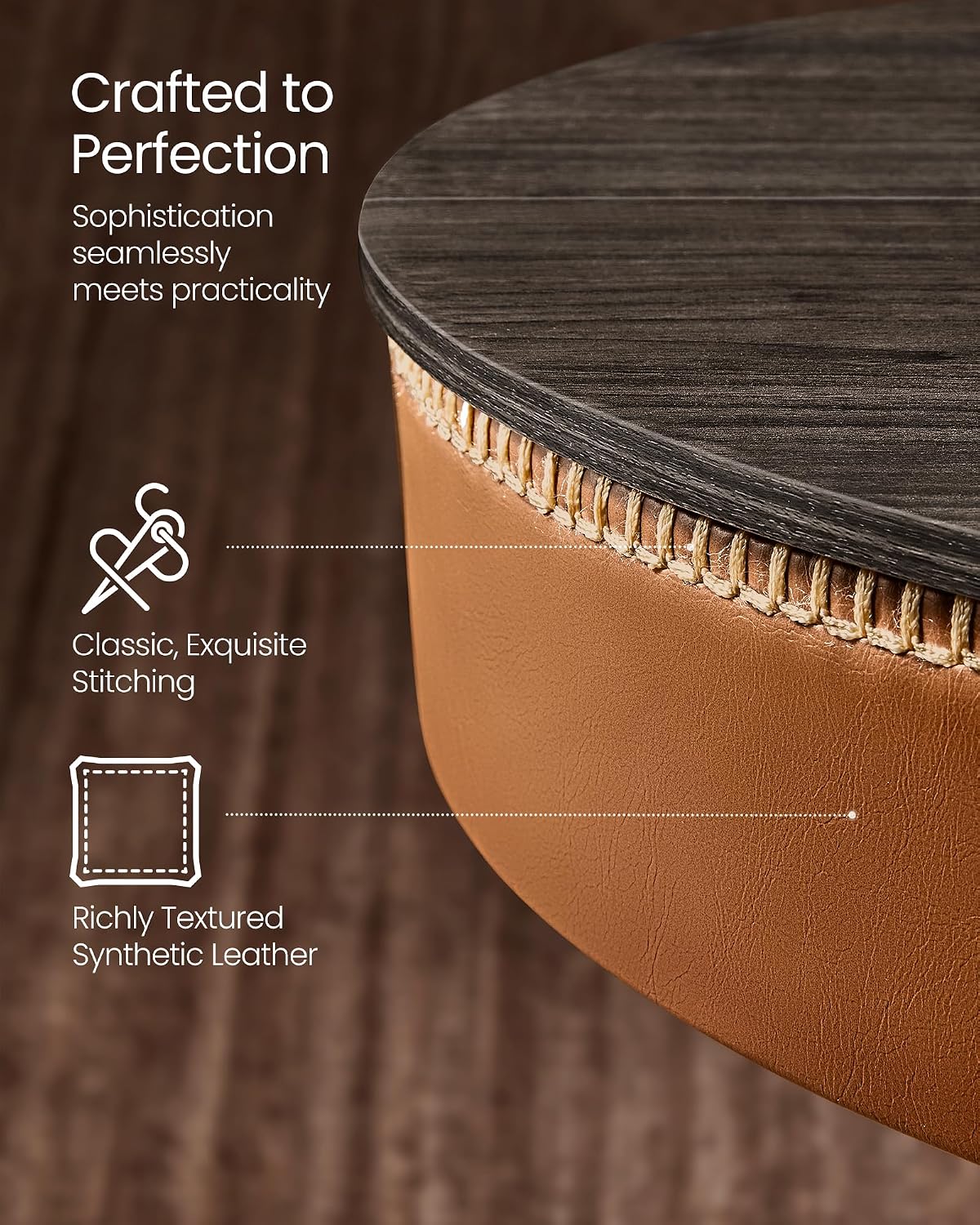 VASAGLE EKHO Collection - Height Adjustable Bar Table Set of 2, Round High Pub Tables with Storage, Synthetic Leather with Stitching, Mid-Century Modern, Kitchen Home Bar, Ash Brown and Caramel Brown
