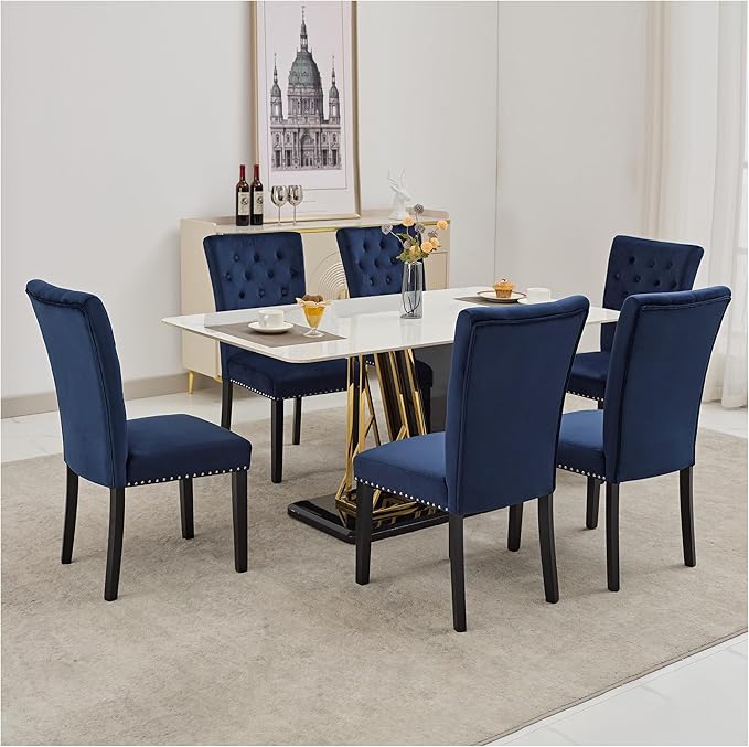 Velvet Dining Chairs Set of 6, Upholstered Dining Room Chairs with Wooden Legs & Nailed Trim, Parsons Kitchen Chair 350 LBS Capacity, Blue