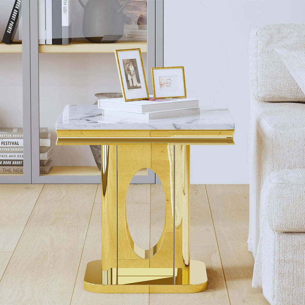 Luxury Square End Table, 23" White Faux Marble Top and Gold Mirror Stain...
