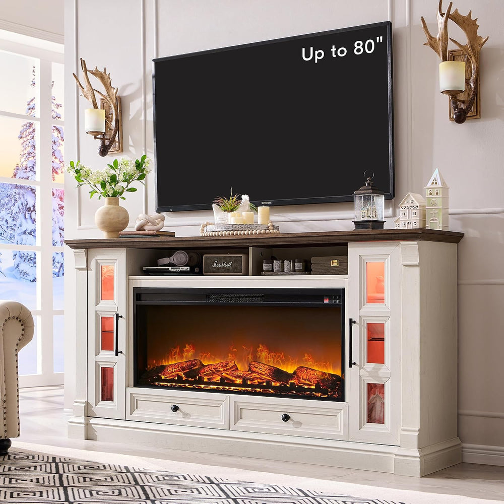 OKD 70" Farmhouse TV Stand with 42" Electric Fireplace, Antique Whi...
