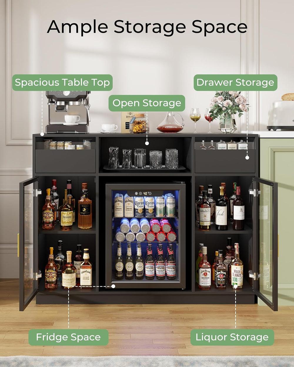 47" Large Coffee Bar Cabinet with Mini Fridge Space & LED Lights