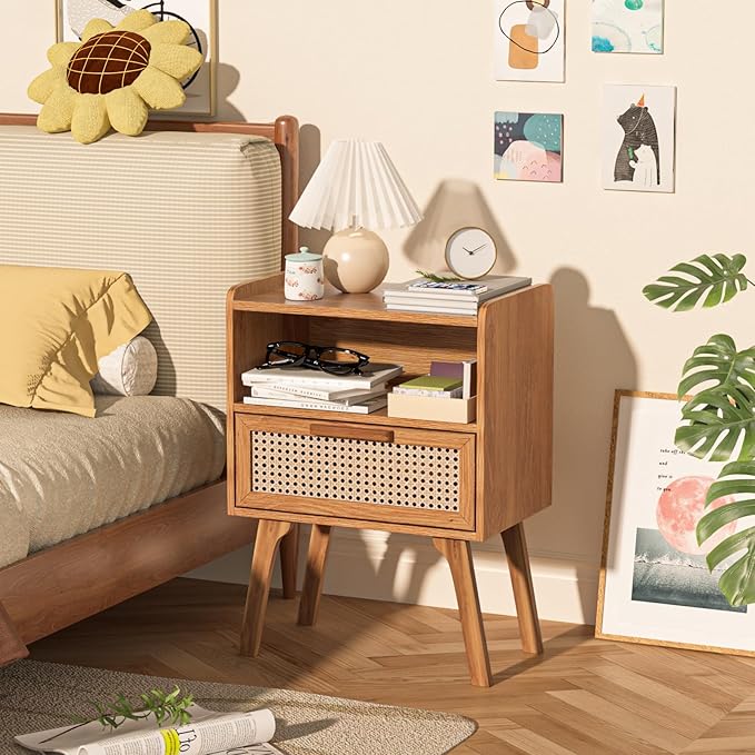 Lerliuo Rattan Nightstand, Side Table with Drawer Open Shelf, Cane Accent Bedside End Table with Solid Wood Legs, Mid Century Modern Night Stand for Bedroom, Dorm and Small Spaces (Tea Brown)