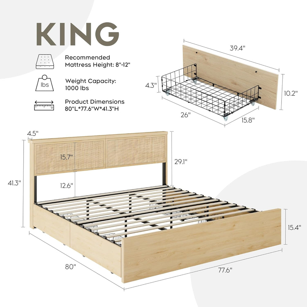 Yechen King Bed Frame with Natural Rattan Headboard and Wooden 4 Storage Draw...