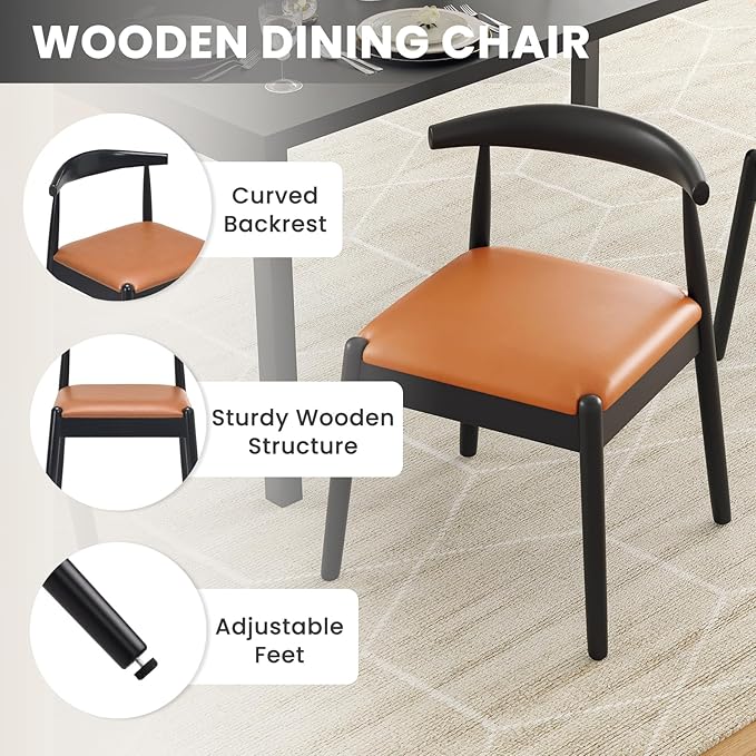 Farini Mid Century Modern Dining Chairs Set of 4, Solid Wood Frame Kitchen Chairs with PU Leather Upholstered Seat for Dining Room & Breakfast Nook,Black-Whiskey Brown