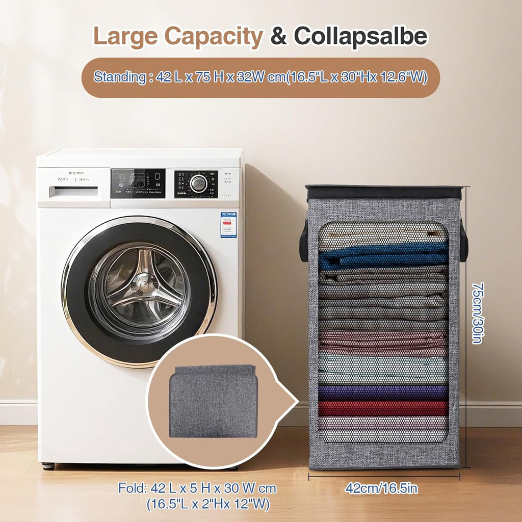 Collapsible Laundry Hamper with Lid 100L, Large Laundry Basket with Removable Mesh Bag for Bedroom, Bathroom,Closet, Dorm(Grey)