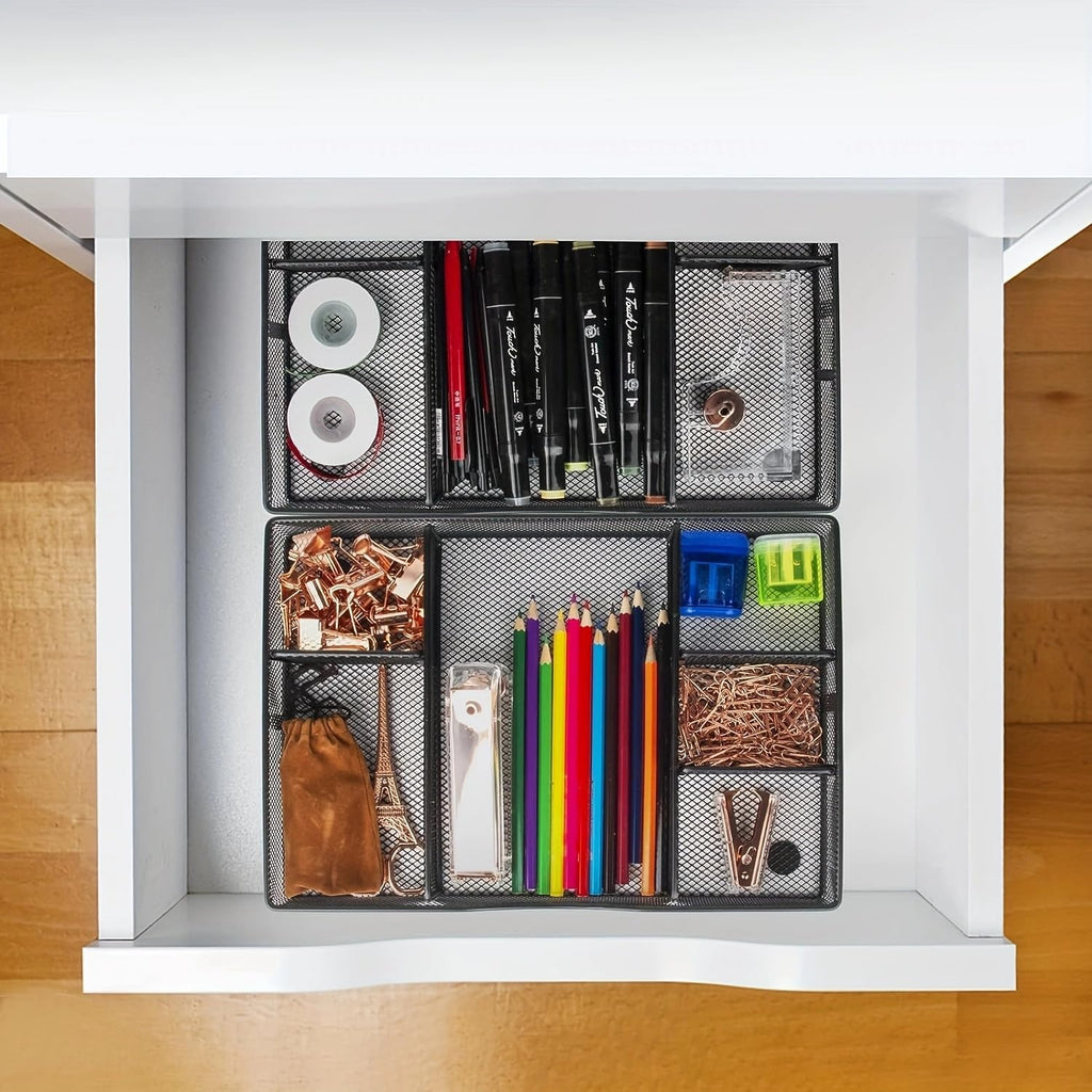 Desk Drawer Organizer Tray, Metal Mesh Drawer Organizers Office, 6 Adjustable Compartment, Desk Organizer Tray for Home Office 12.87L x 8.73D x 1.96H inch, Black, 1PC Medium