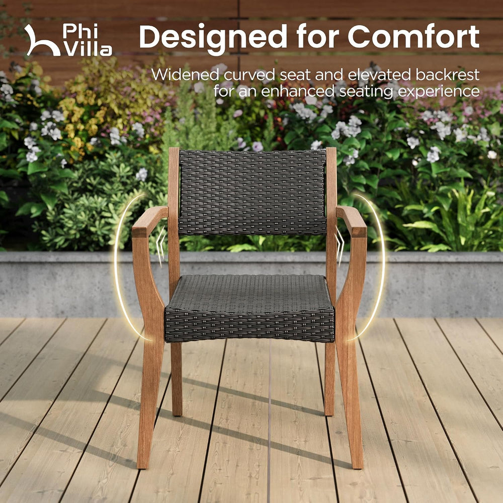 PHI VILLA Patio Acacia Wood Dining Chairs w/Wicker Seat & Back, 2 PCS