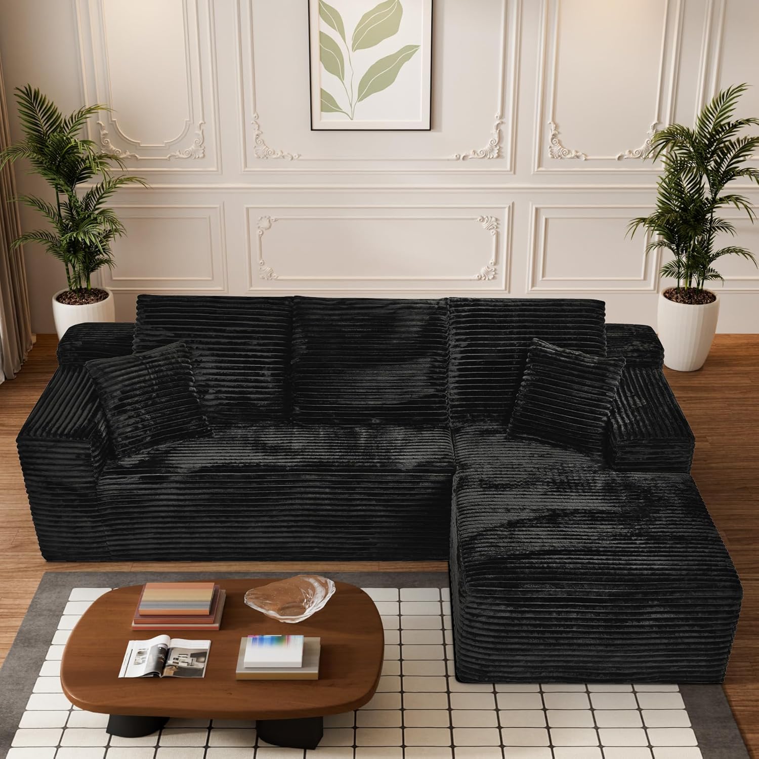 108" Boneless Couches for Living Room, L Shaped Comfy Cloud Modular Sectional Memory Foam Deep Seat Boneless Couch, No Assembly Required Boneless Sofa for Living Room with Right Facing Chaise, Black