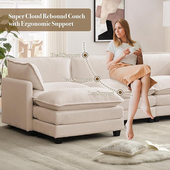 ROWHY 112'' Modular Sectional Cloud Couch with Movable Ottoman, 4 Seat Modern Chenille Sofa with 2 Throw Pillows, Deep Seat L Shaped Couch for Living Room Bedroom Apartment, Beige | Arrange Freedom, Pet-Friendly Fabric, Sturdy Frame, Ultimate Comfort, ...