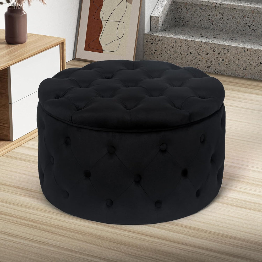 Joveco Round Storage Ottoman, Button Tufted Upholstered Ottoman with Removabl...