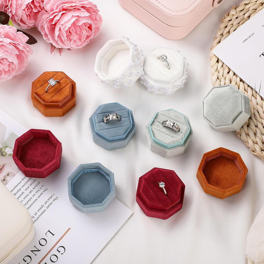 WantGor Velvet Ring Box, 3 Slots Jewelry Ring Gift Box Vintage Ring Holder | Ring Display Case for Wedding Ceremony Proposal Engagement (Ocean Blue)