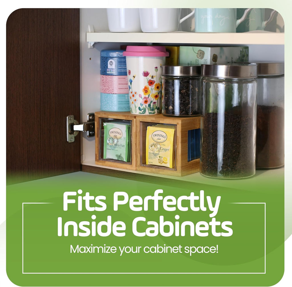 Bamboo and Acrylic Drawer Tea Bag Holder- Durable & Elegant Tea Bag Storage Holder for Kitchen Countertop, Space-Saving Tea Drawer Organizer