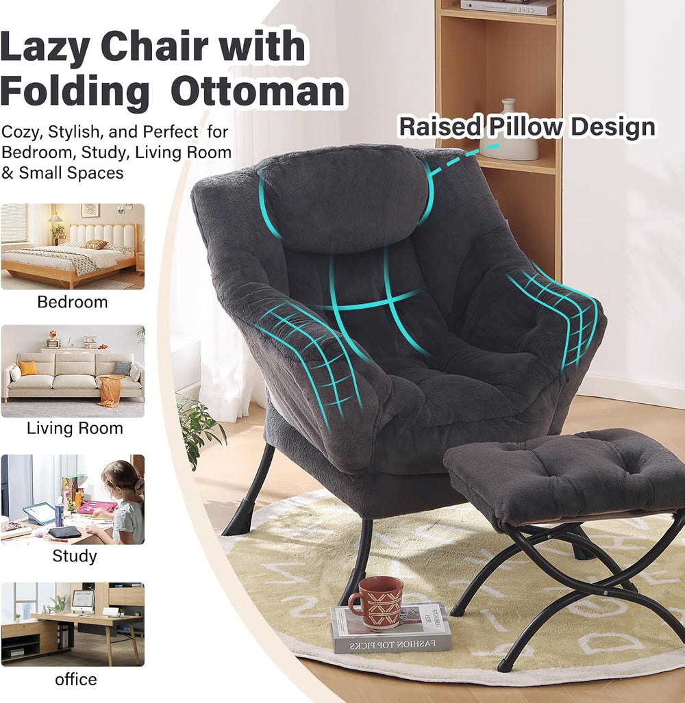 Furlide Lazy Chair with Ottoman, Soft Comfy Chair for Bedroom, Navy