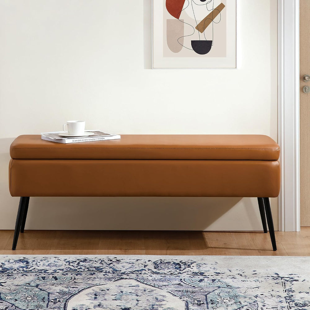 kinmars Leather Storage Ottoman Bench, End of Bed Bench with Steel Legs | Bro...