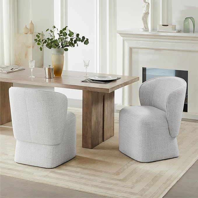 Upholstered Dining Chair with Casters No Assembly Linen DeskChair Wingback Single Sofa for Kitchen Diningroom Bedroom Readingroom,2 PCS,Light Grey