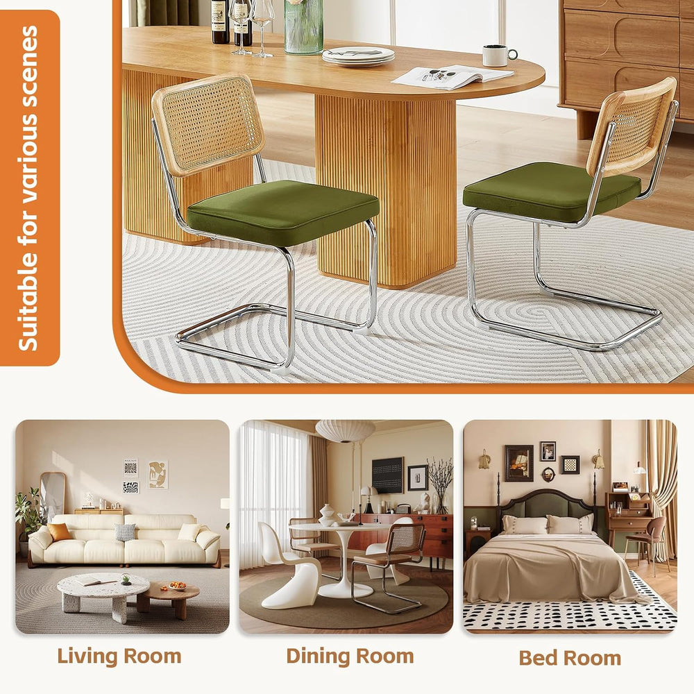 Rattan Back Velvet Dining Chair Set of 6 Modern Stainless Chrome Base Armless...