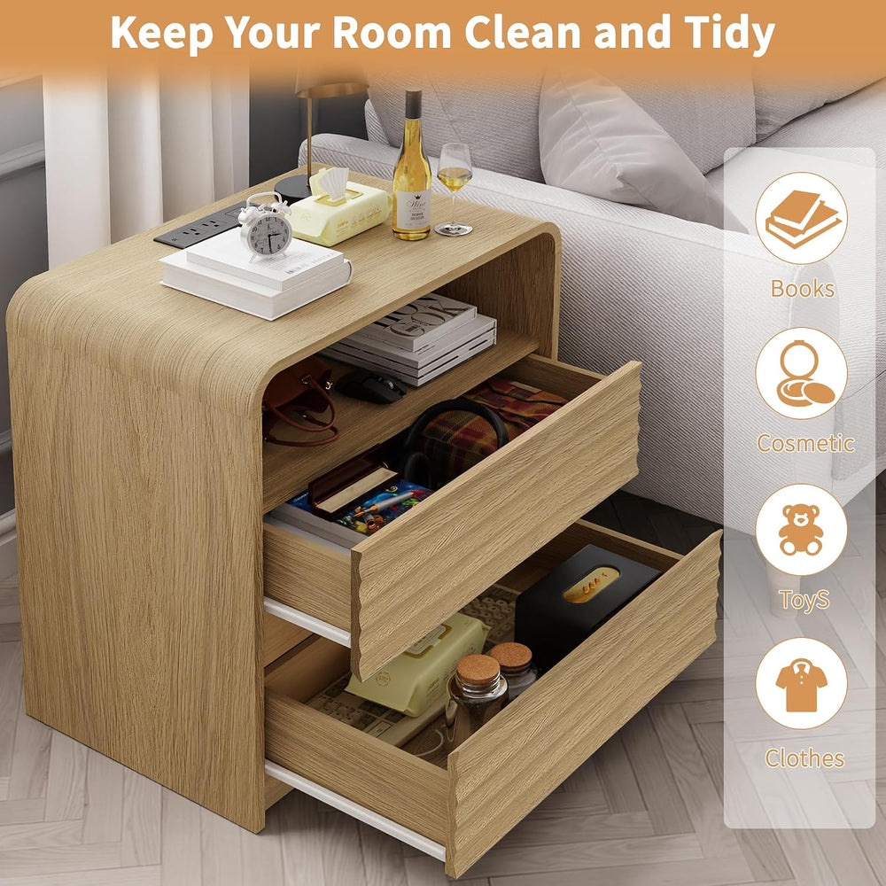 Fluted Nightstand with Charging Station, 23.6'' Wide Morden End Table...
