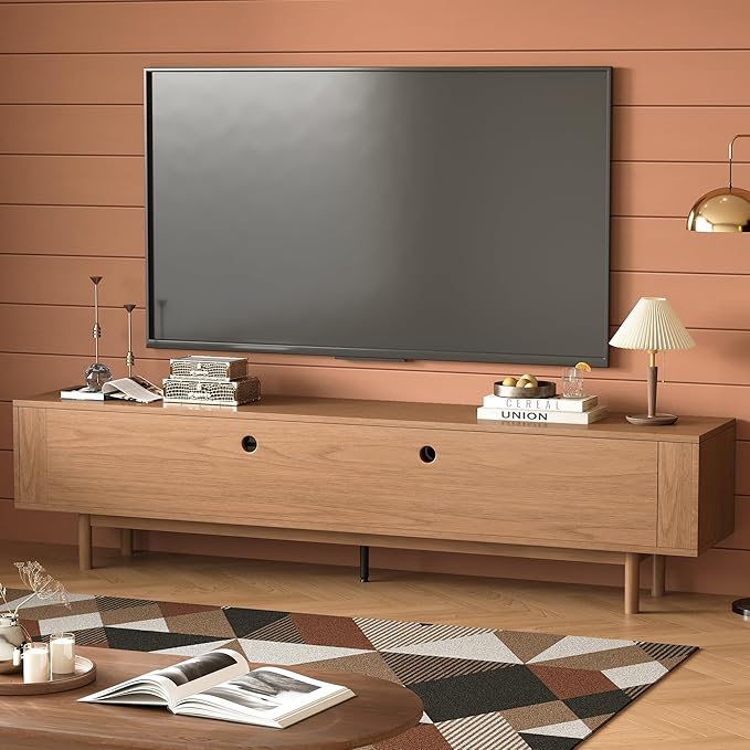 86.61" Mid-Century Modern TV Stand for TVs up to 85", Walnut Entertainment Console with Solid Wood Legs and Large Storage, Sturdy Media Cabinet for Living Room & Bedroom