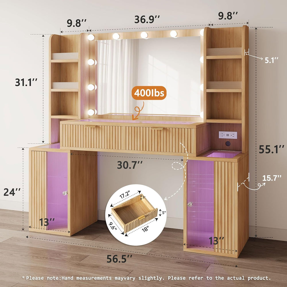 56'' Fluted Wooden Vanity with RGB Hollywood Lights & 36" HD...