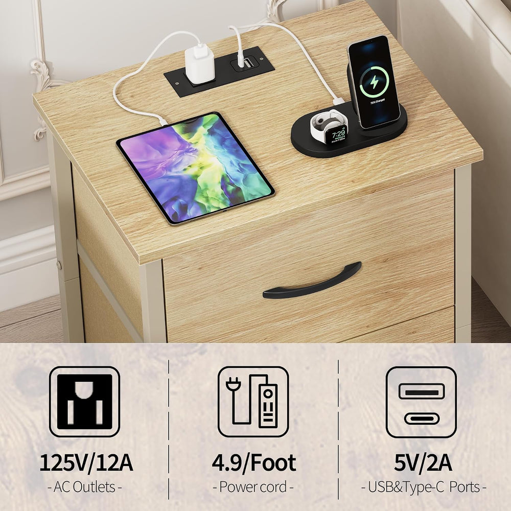 Vagusicc Nightstand Set of 2 with Charging Station, End Table Bedside Table w...
