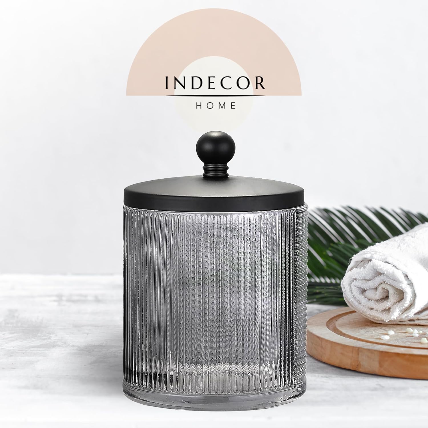 Gray Colored Tranlucent Apothecary Ribbed Geo Etched Glass Jar W/Matte Black Metal Lid Cover for Bathroom Organization, Cotton Balls, Q Tips, and Small Accessories, Bathroom Storage