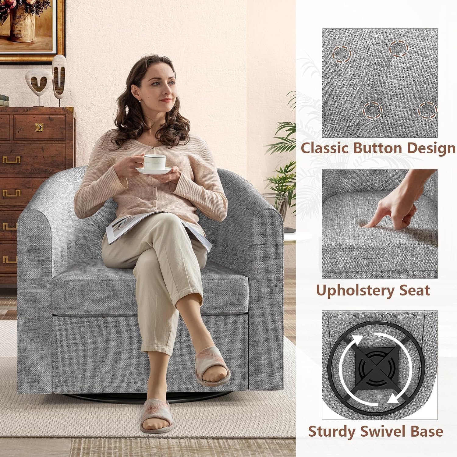 Simore Swivel Accent Chair for Living Room, Breathable Fabric Round Swivel Barrel Chair Armchair for Nursery Office Bedroom, Dark Gray