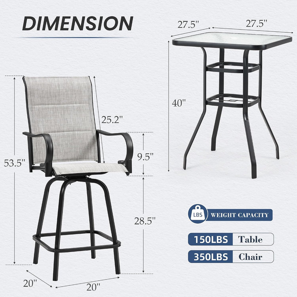 3 Piece Outdoor Swivel Bar Stools Set,Outdoor High Top Table and 2 High Swive...