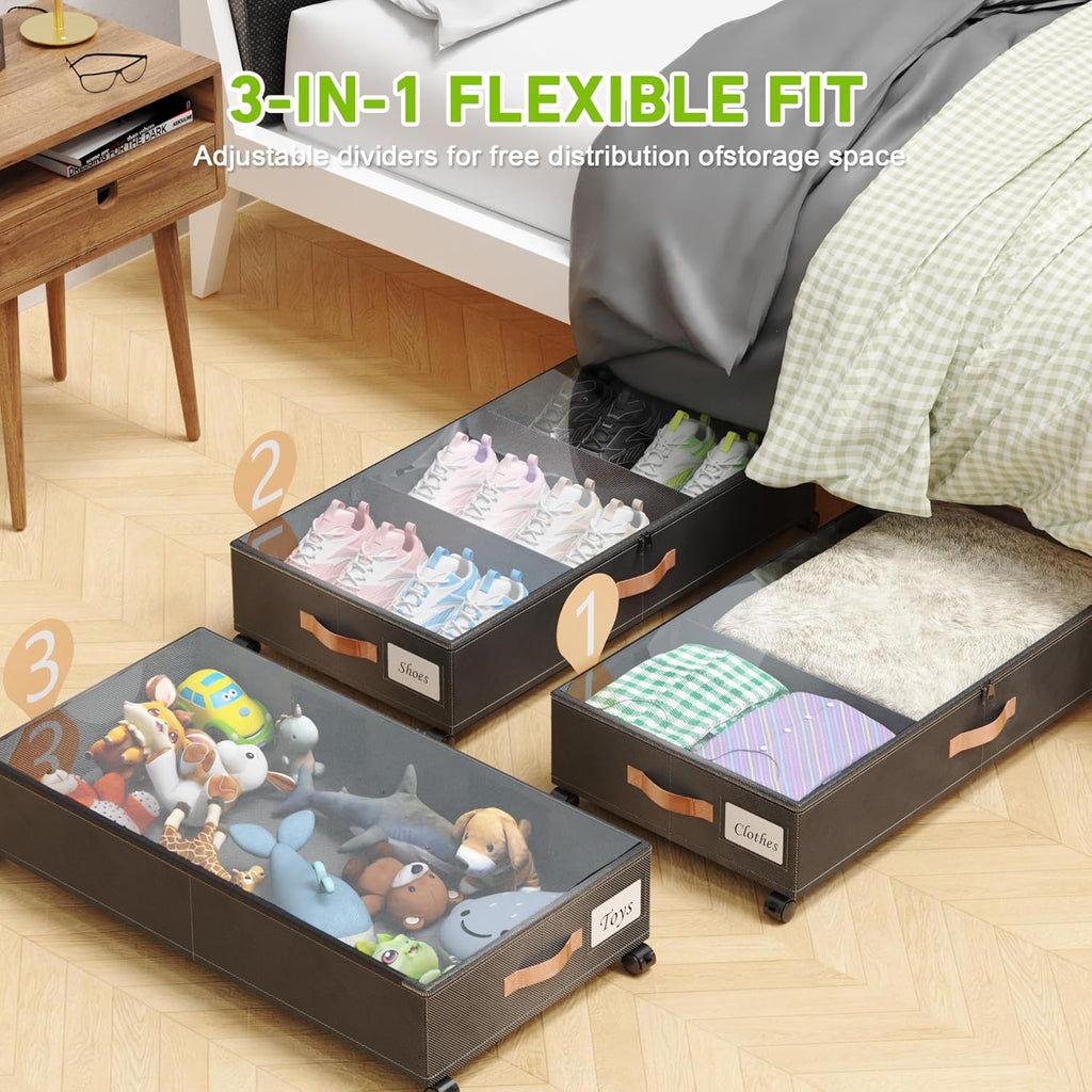 Under Bed Storage with Wheels, 4 Pack Under Bed Storage Container with Dividers & Clear Lids, Under the bed storage Organizer Bins,Underbed Storage with Wheels for Clothes,Toys,Shoes (Black)