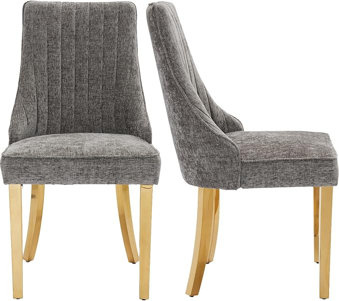 Grey Mid Century Dining Chairs Set of 2, Modern Kitchen & Dining Room Chairs Set of 2, Chenille Fabric Upholstered Kitchen Chairs for Dining Table, Sillas de Comedor, Gold Legs (Gray, 2 Pcs)