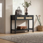 SICOTAS Black Console Table with Rattan Drawers - Boho Rattan Entryway Table with Storage, Small Console Tables for Entryway, Entry Table for Hallway, Sofa Table
