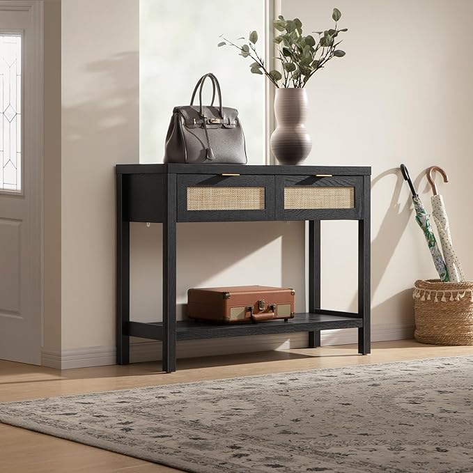 SICOTAS Black Console Table Set of 2 - Boho Entryway Table with Rattan Drawers, 2 Tier Shelf, Narrow Long Sofa Tables for Living Room, Entry Table for Hallway, Foyer