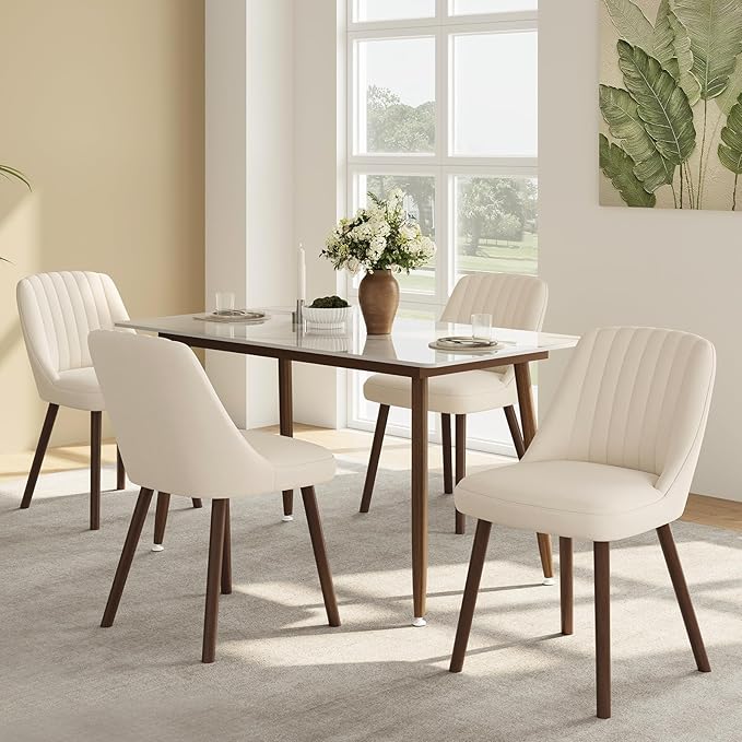 Upholstered Dining Chairs Set of 4, Modern Fabric Kitchen Chairs with Back, Wood Legs for Kitchen Dining Room Restaurant, Beige