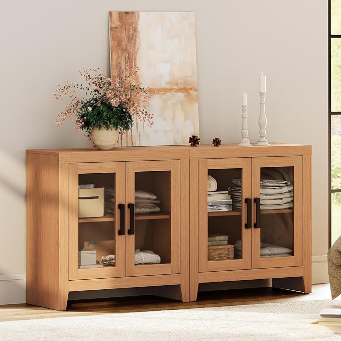 WAMPAT Farmhouse TV Stand for TVs up to 65”, Rustic Wood Entertainment Center with Adjustable Shelf, Glass Doors & Storage, Media Console Cabinet for Living-Room, Bedroom, Mocha