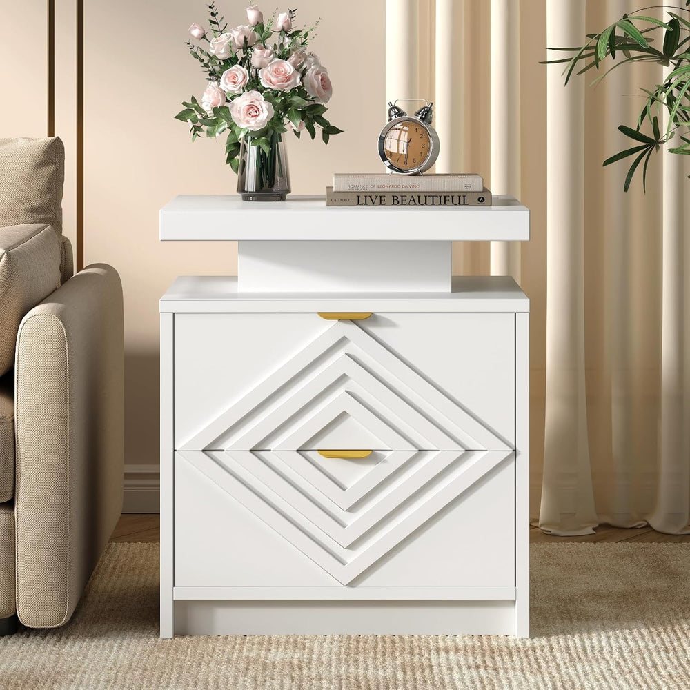 White Nightstand with Charging Station and LED Lights, Smart Night Stand, Mod...