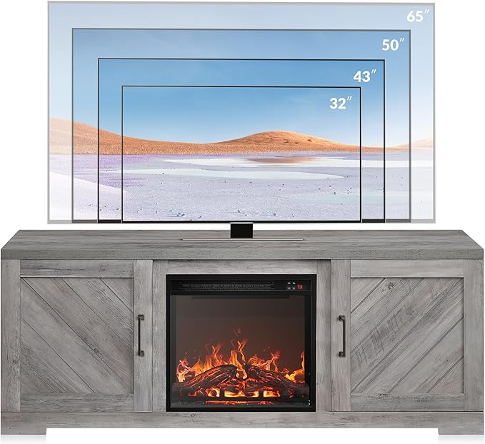 BELLEZE Modern 58" Farmhouse TV Stand with 18" Electric Fireplace Heater & Media Entertainment Center for TV up to 65", Console Table with Storage Cabinets - Hilo (Grey Wash)