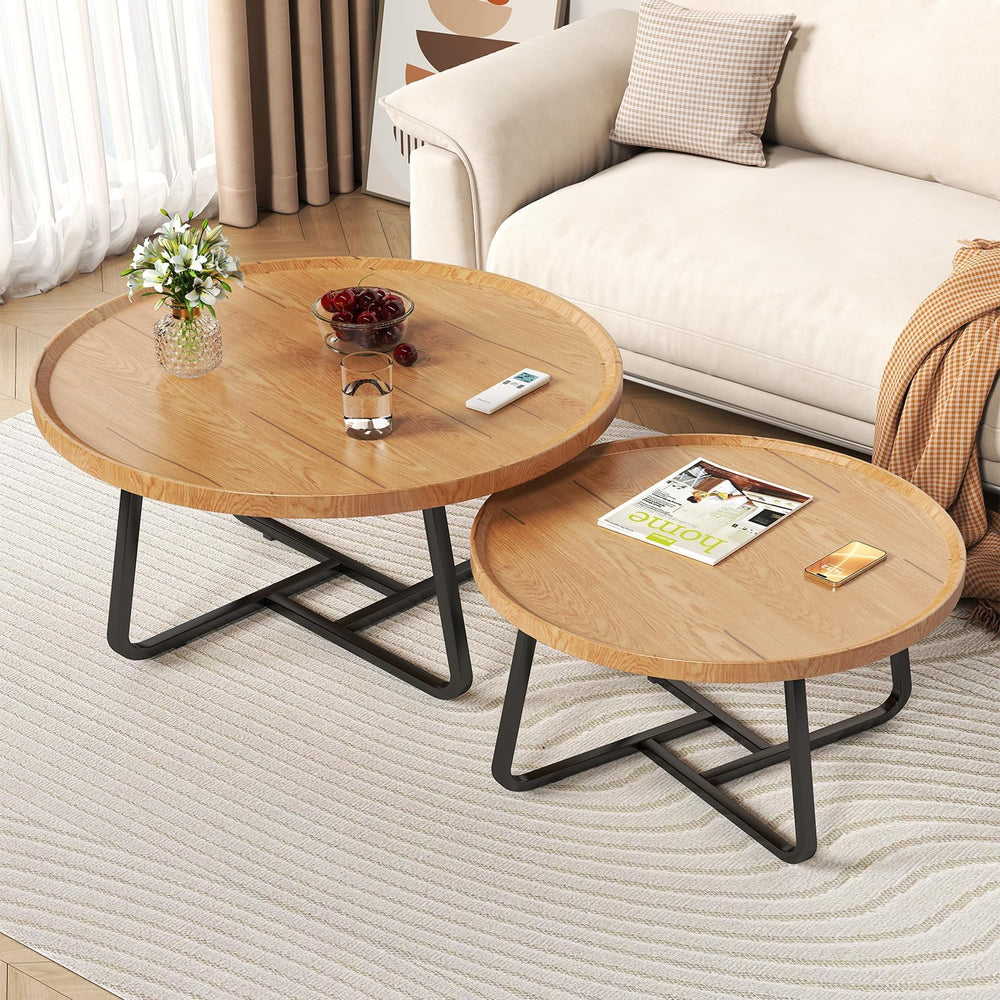Round Nesting Coffee Table Set of 2, Tea Table for Small Spaces, Circle Wood ...
