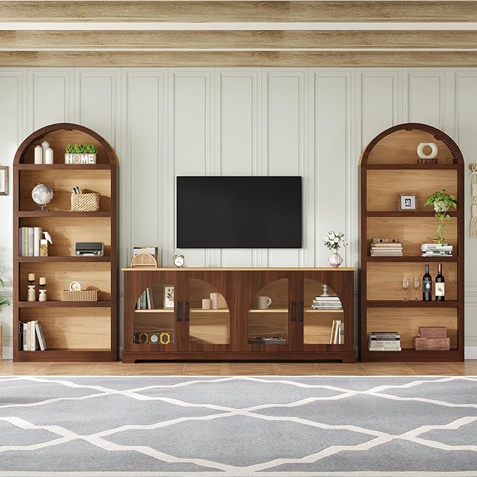 3-Piece Farmhouse TV Stand Set with Bookshelf for TVs Up to 70", Two-Tone Wood Grain Entertainment Center with Arched Design, Retro Sideboard with Tempered Glass Doors for Living Room (Walnut+Natural)
