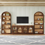 3-Piece Farmhouse TV Stand Set with Bookshelf for TVs Up to 70", Two-Tone Wood Grain Entertainment Center with Arched Design, Retro Sideboard with Tempered Glass Doors for Living Room (Walnut+Natural)