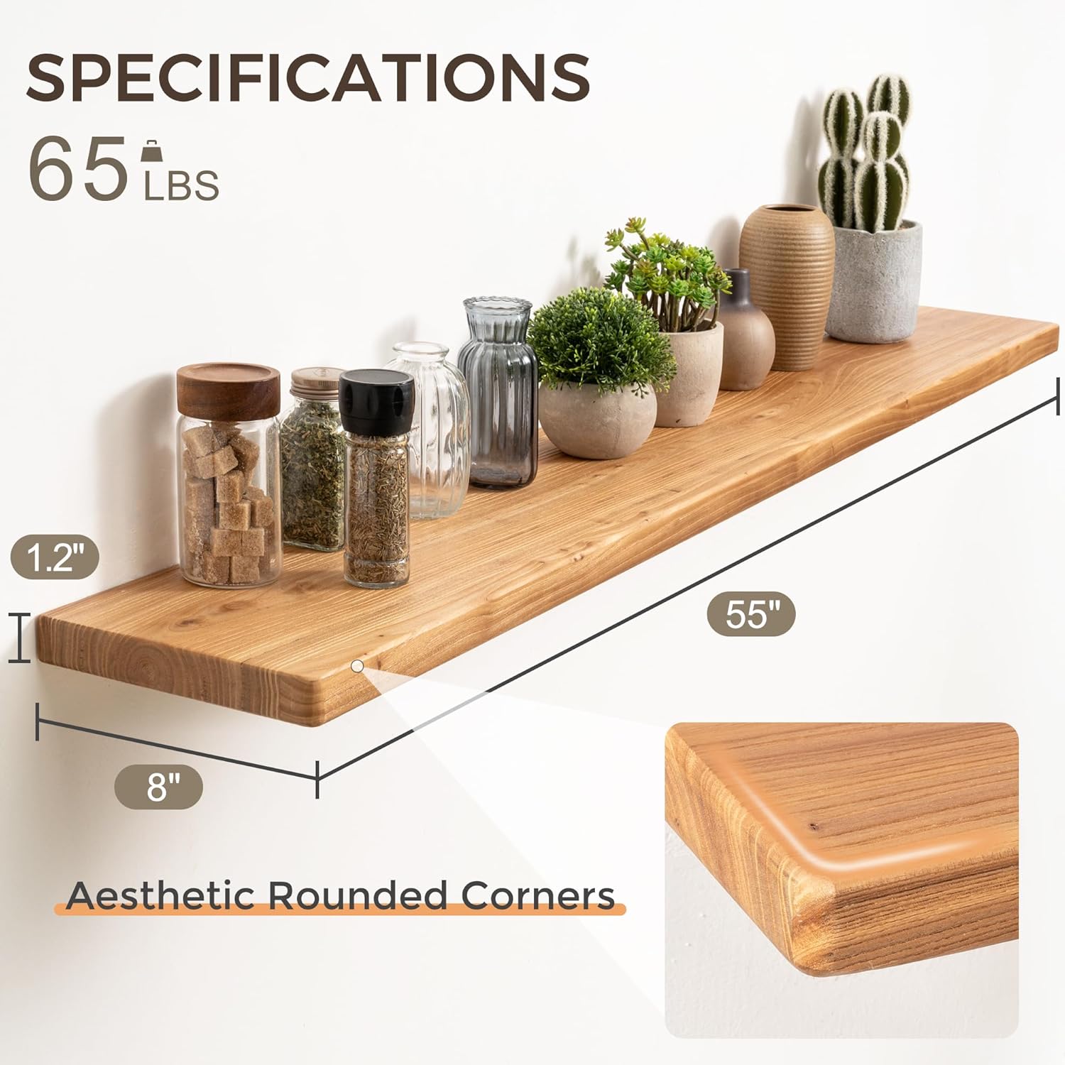 Fun Memories 55 Inch Wood Floating Shelves, Natural Elm Wood Floating Shelf for Wall, 8 Inch Deep Wall Shelves for Home Storage & Display, Deep Rustic Wooden Shelves for Living Room, Bedroom, Kitchen