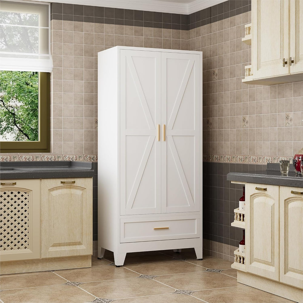 QINPTWUT 71" Storage Cabinet with Bottom Drawer, Pantry Cabinet in White...