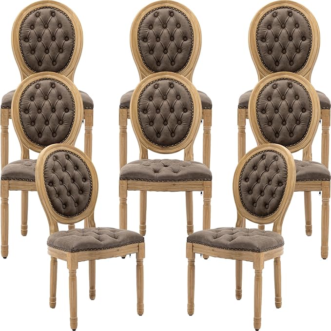 French Country Dining Chairs Set of 8, Tan & Taupe Tufted Upholstered Kitchen & Dining Room Chairs, Faux Leather, Wood Legs, Sillas De Comedor (PU, Brown, 8Pcs)