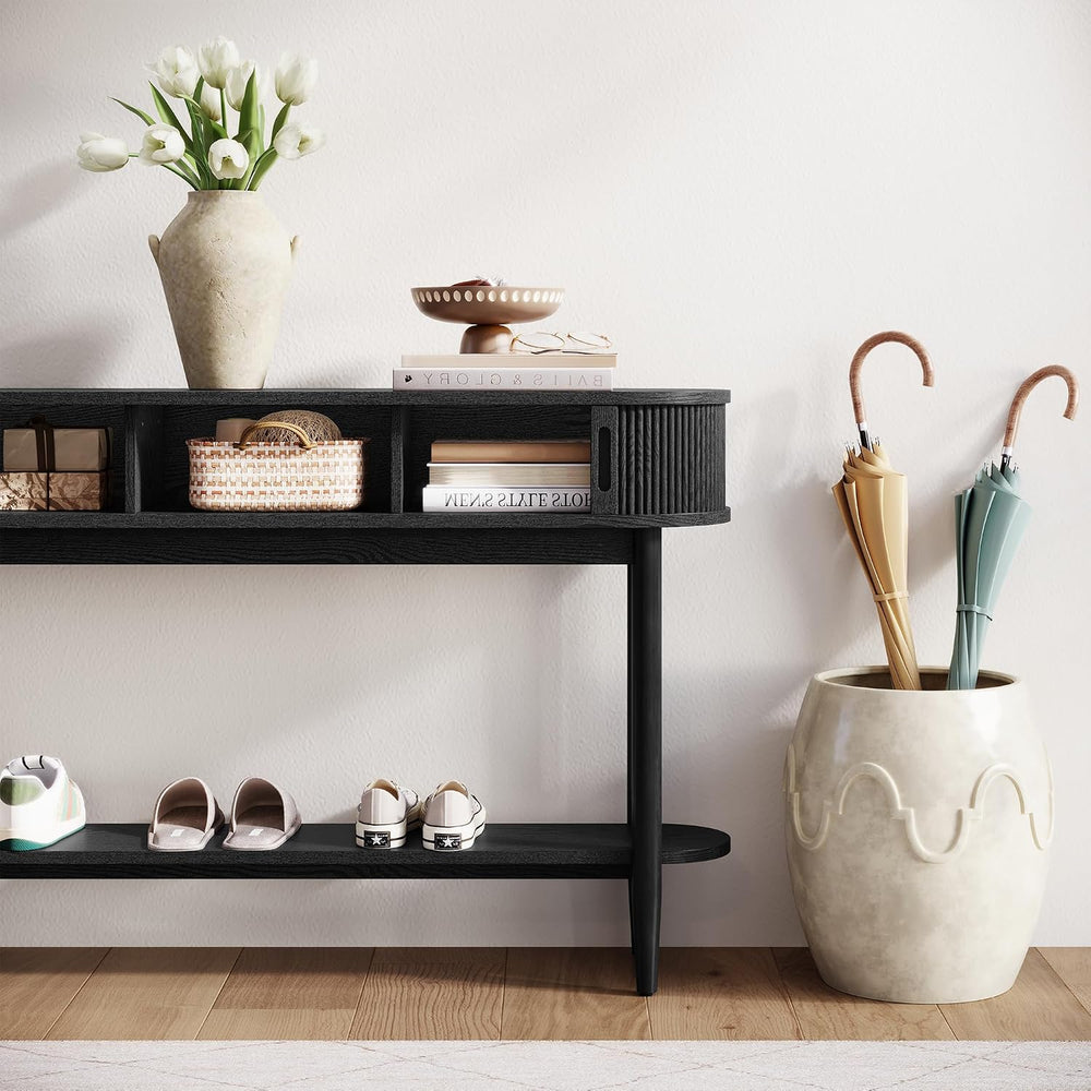 LINSY Fluted Console Table with Storage and Shelves, Black | Entryway Table, ...