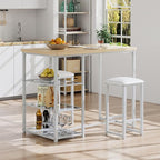 VECELO Small Bar Table and Chairs Set for 2, Upholstered Stools & Glass Storage Shelves, for Kitchen Dining Breakfast Nook, Space-Saving, Natural & White