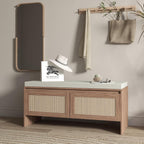 SOFTSEA 39.4" Shoe Storage Bench with Rattan Doors & Cushion, Natural | Entryway Bench with 2 Rattan Doors, Padded Seat Cushion, Mid-Century Modern Shoe Cabinet for Hallway, Bedroom, Living Room