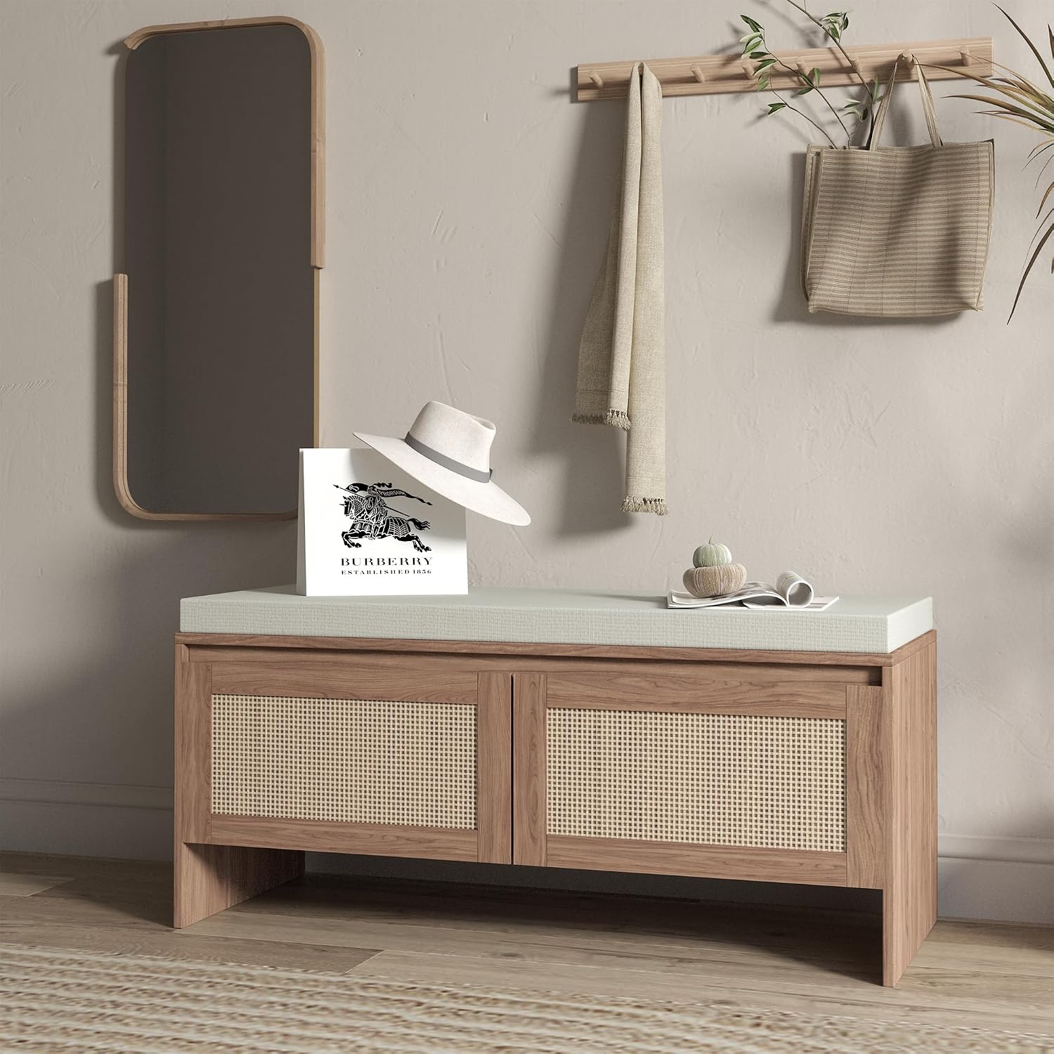 SOFTSEA 39.4" Shoe Storage Bench with Rattan Doors & Cushion, Natural | Entryway Bench with 2 Rattan Doors, Padded Seat Cushion, Mid-Century Modern Shoe Cabinet for Hallway, Bedroom, Living Room