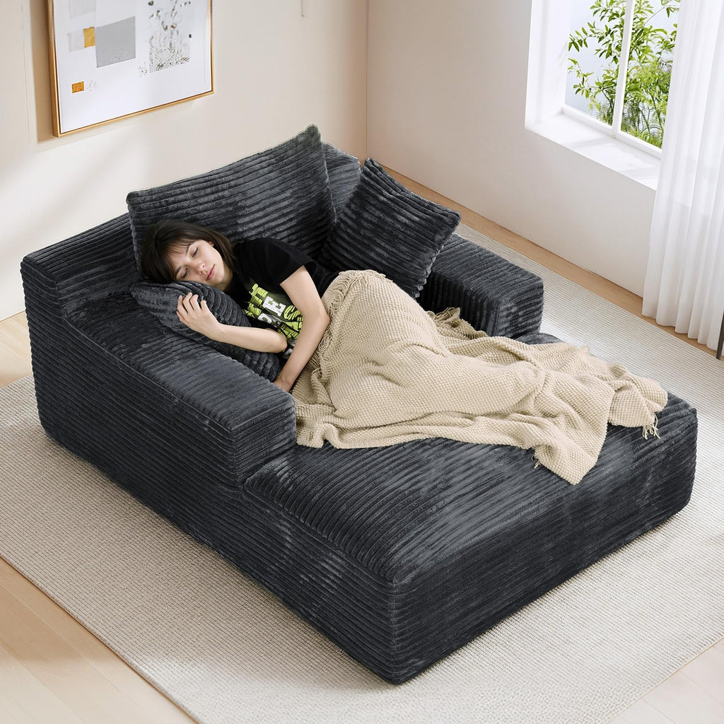 50" x 68" Corduroy Chaise Lounge, Boneless Sofa Bed, Dark Gray | Oversized corduroy chaise with a deep boneless seat, sleeper design, and 3 pillows for reading, lounging.