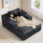 50" x 68" Corduroy Chaise Lounge, Boneless Sofa Bed, Dark Gray | Oversized corduroy chaise with a deep boneless seat, sleeper design, and 3 pillows for reading, lounging.