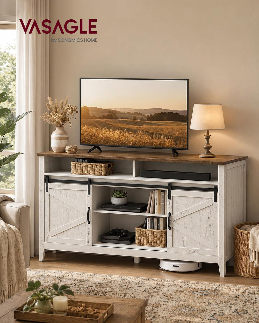 VASAGLE Tall Farmhouse TV Stand, Entertainment Center with Barn Doors, Storag...